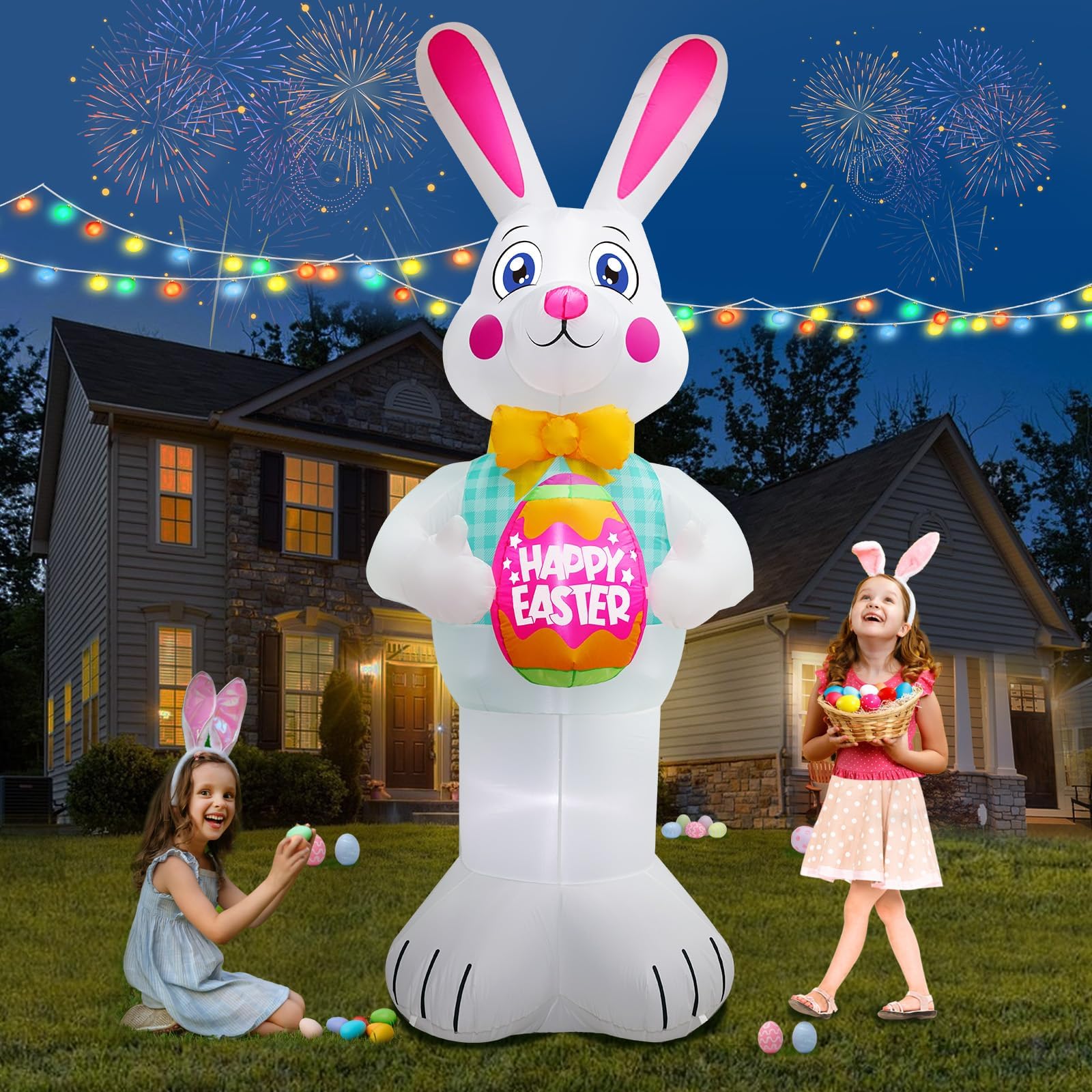 FaveHome Easter bunny 10ft inflatable in yard with LEDs for festive illumination.