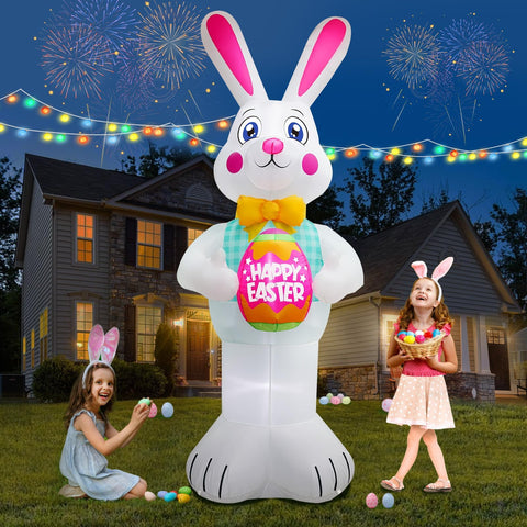 FaveHome Easter bunny 10ft inflatable in yard with LEDs for festive illumination.