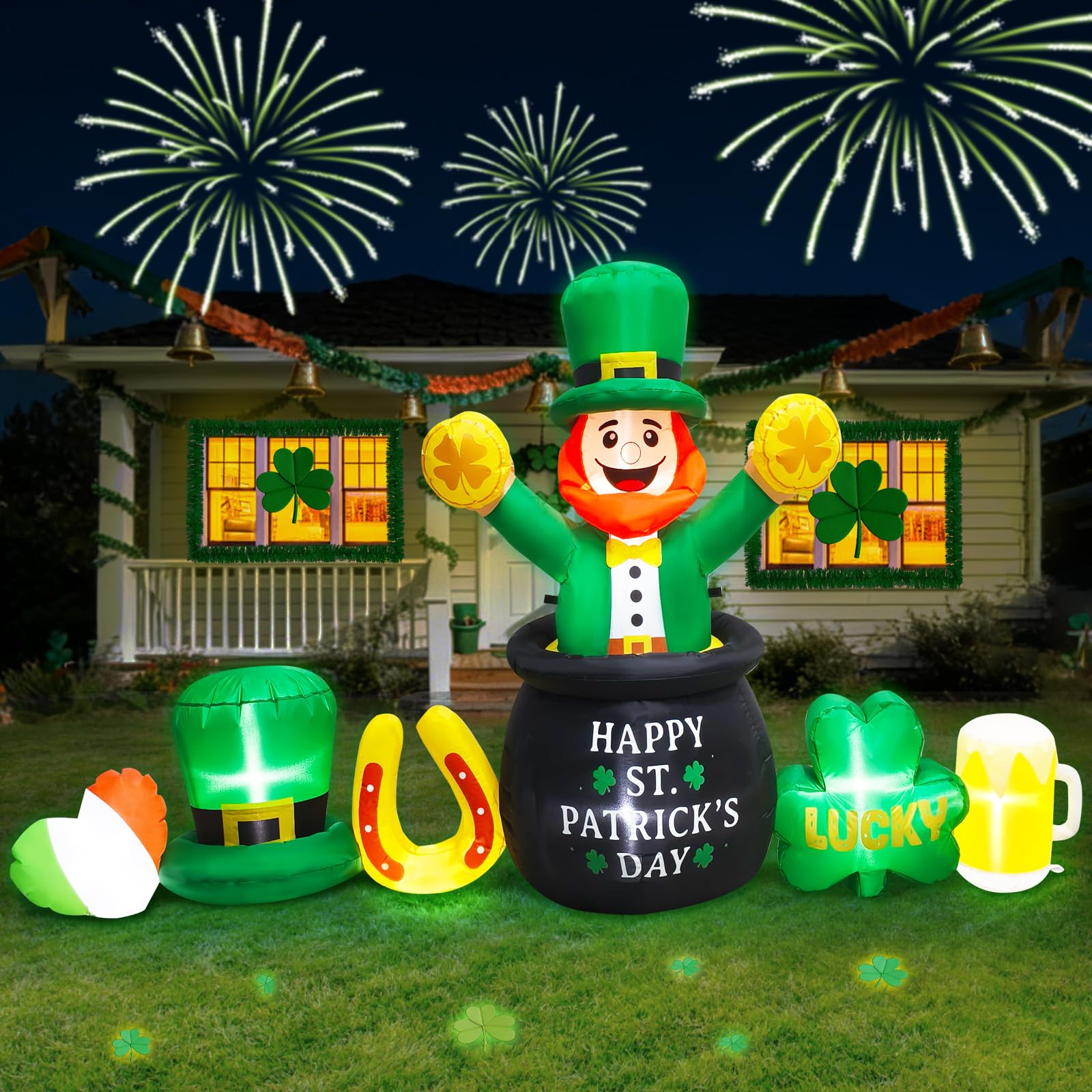 FaveHome 8ft Leprechaun inflatable with LEDs for outdoor display.