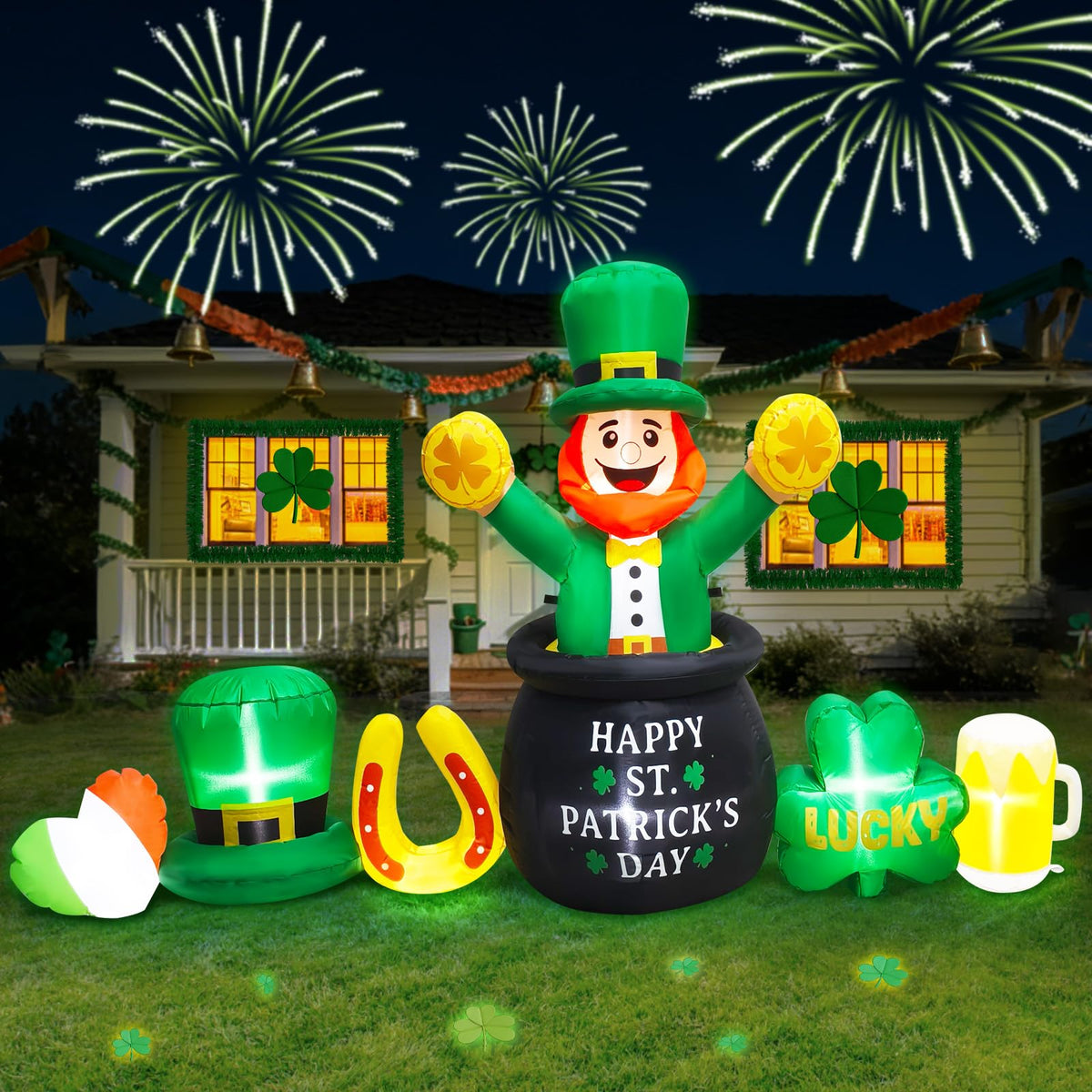 FaveHome 8ft Leprechaun inflatable with LEDs for outdoor display.