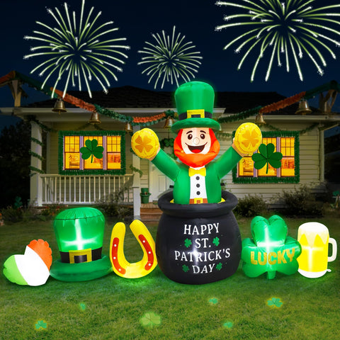 FaveHome 8ft Leprechaun inflatable with LEDs for outdoor display.