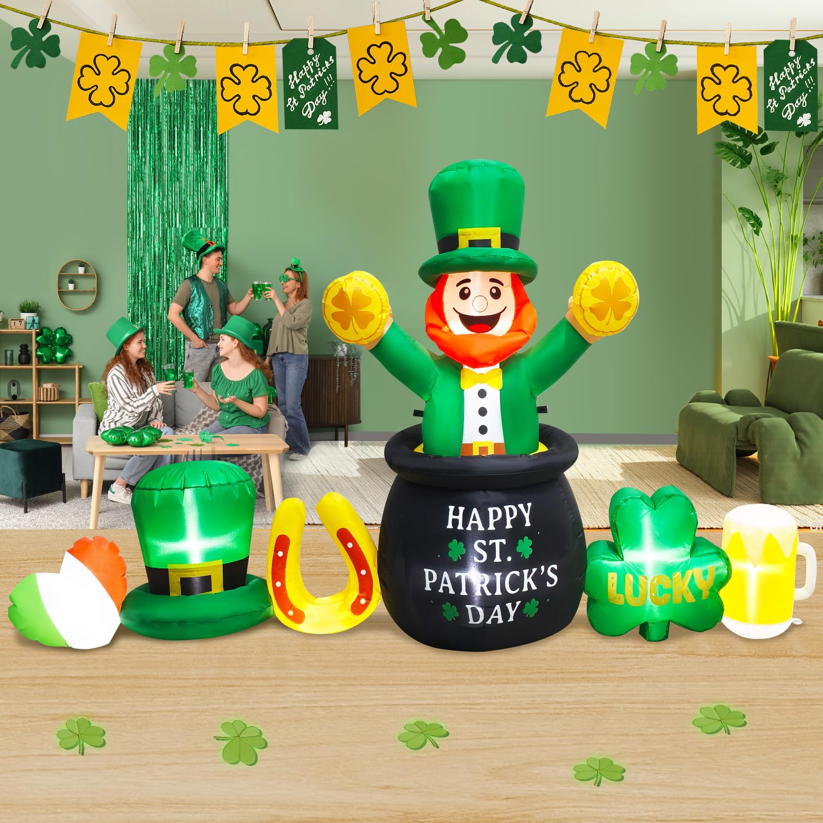 Leprechaun inflatable includes ground ropes for stable placement.
