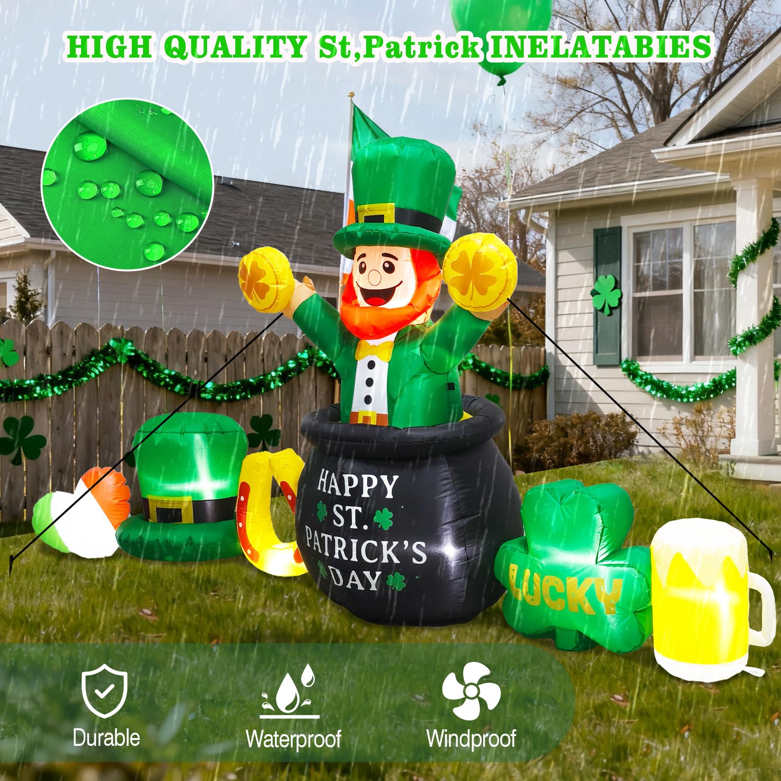 Leprechaun inflatable glows at night, ideal for yard celebrations.