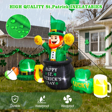 Leprechaun inflatable glows at night, ideal for yard celebrations.