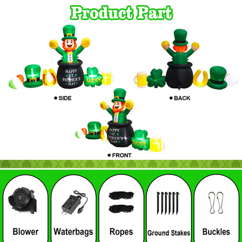 Ground stakes and tethers keep the 8ft Leprechaun steady outdoors.