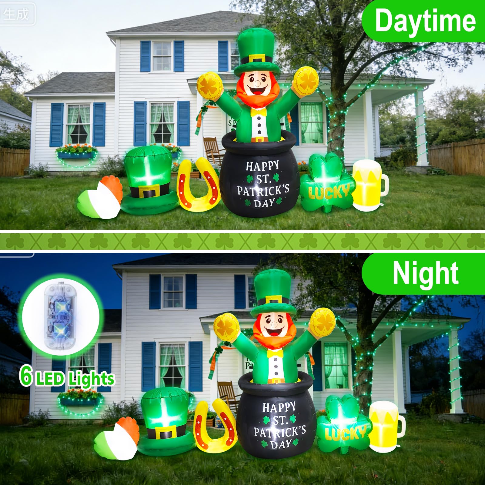 Weather-resistant polyester Leprechaun inflates quickly for outdoor events.