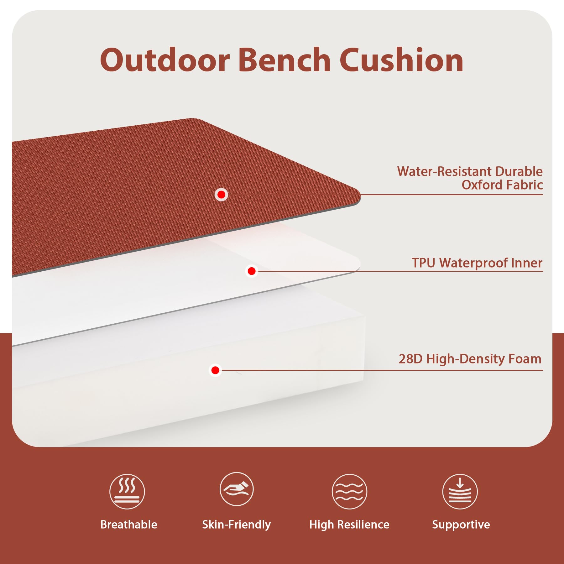 Favoyard bench cushion 42x18 side view showing adjustable straps for secure fit