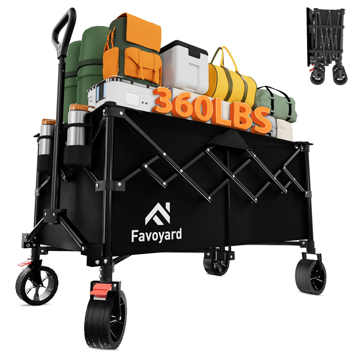 Favoyard extra large wagon showing 220L storage capacity for groceries and gear.