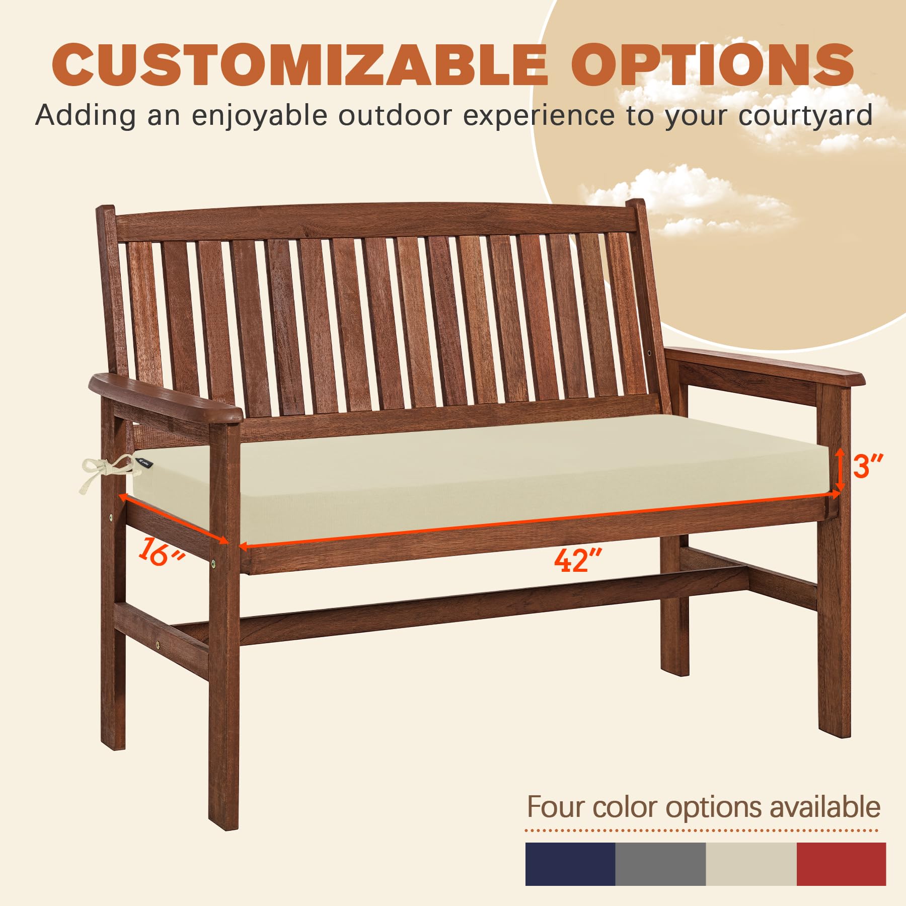 Favoyard beige cushion side view suits 42x16 bench for outdoor comfort
