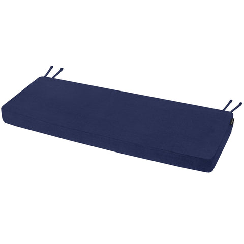 Favoyard outdoor bench cushion 42x16 blue on a garden bench with rainproof cover.