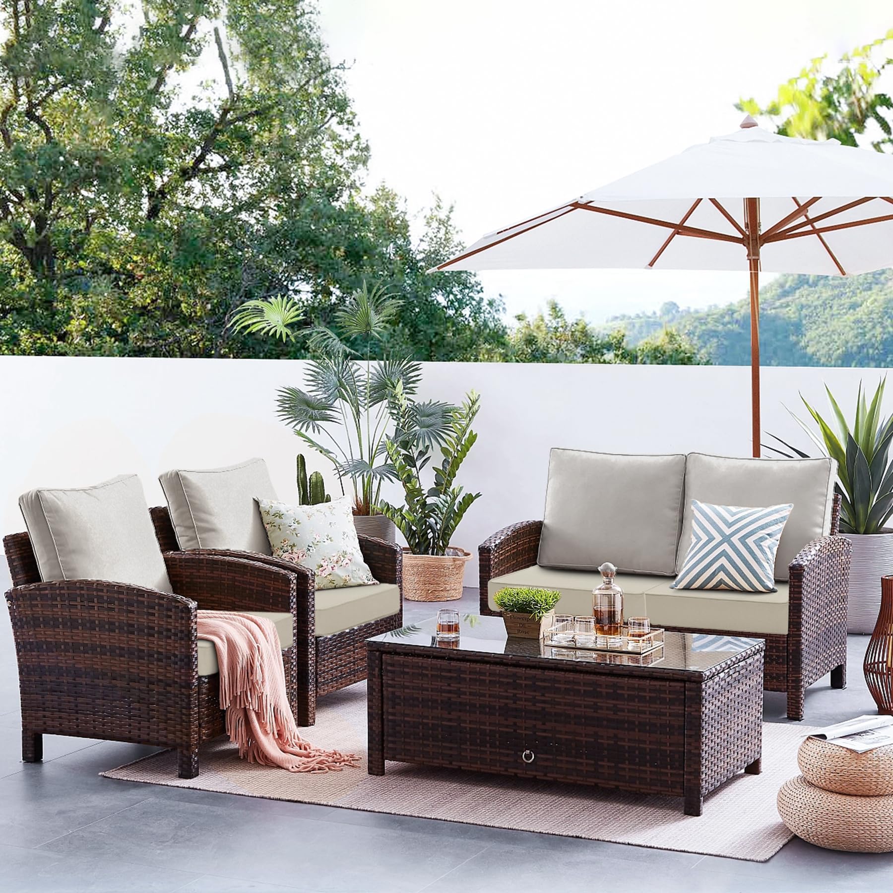 Favoyard patio cushion showing handle and straps for secure placement.