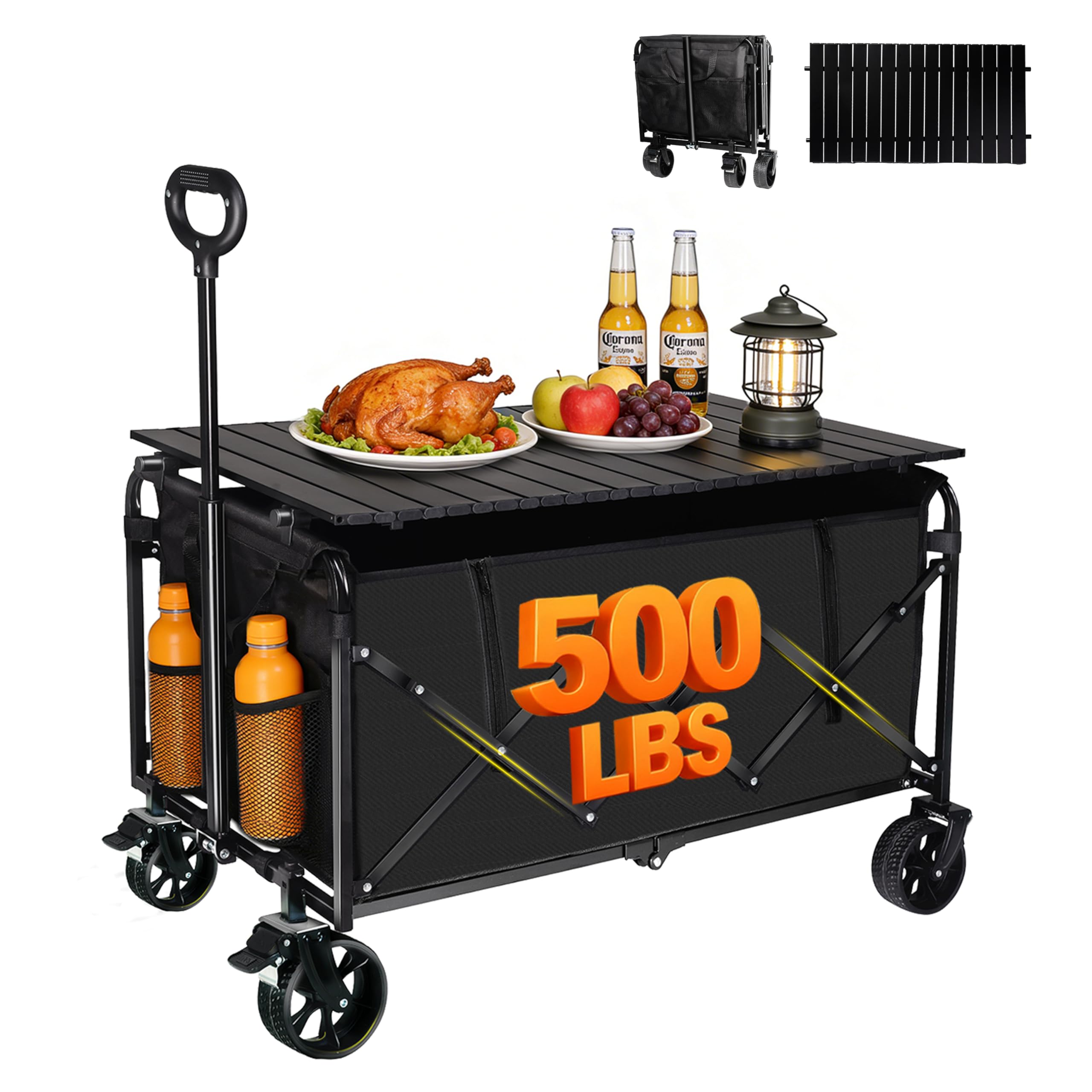 Favsh 500lbs collapsible wagon with table top extended for easy outdoor gear transport.