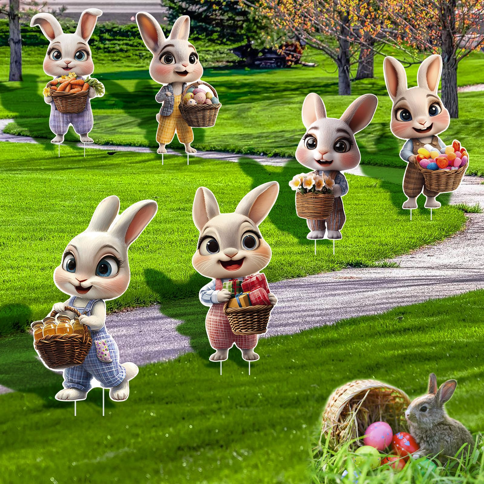 Fayayuan Easter Bunny sign 5: colorful outdoor sign with stakes for easy installation.