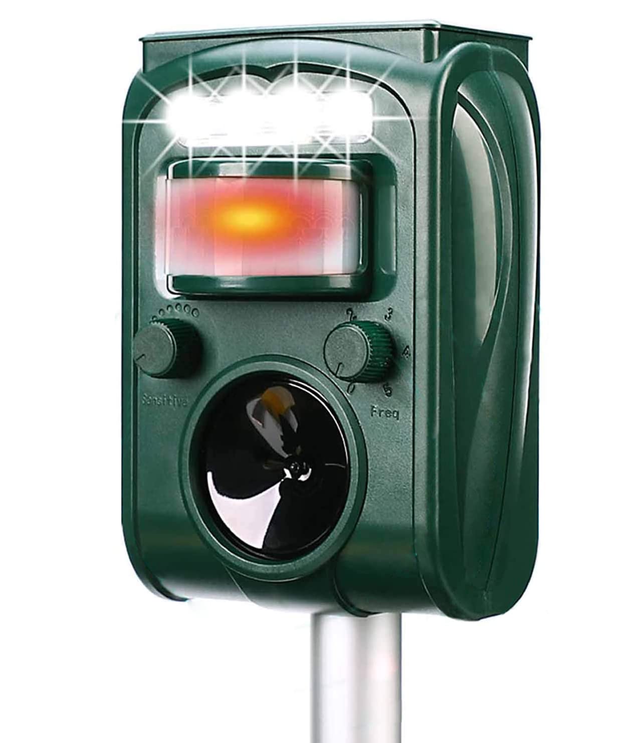 FAYINWBO solar ultrasonic animal repeller in action with compact, humane deterrence.