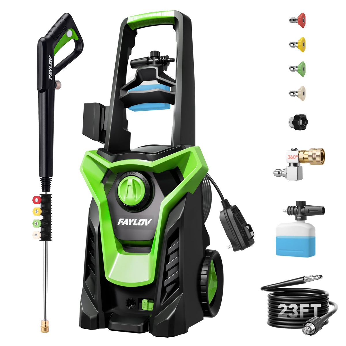 FAYLOV pressure washer with 360° swivel nozzle for easy undercarriage cleaning while standing