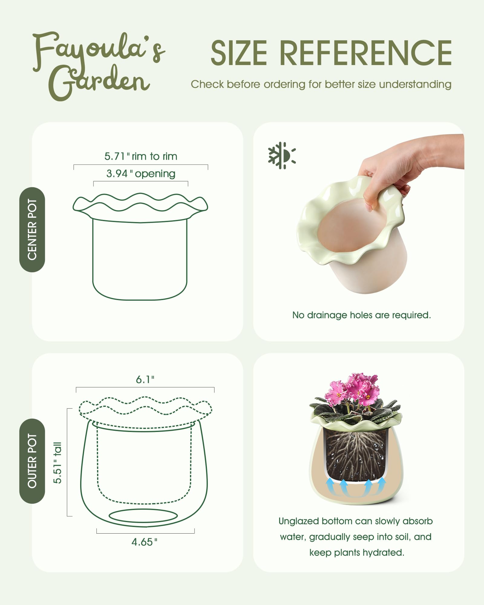 Fayoula ceramic self-watering planter shown with water reservoir.