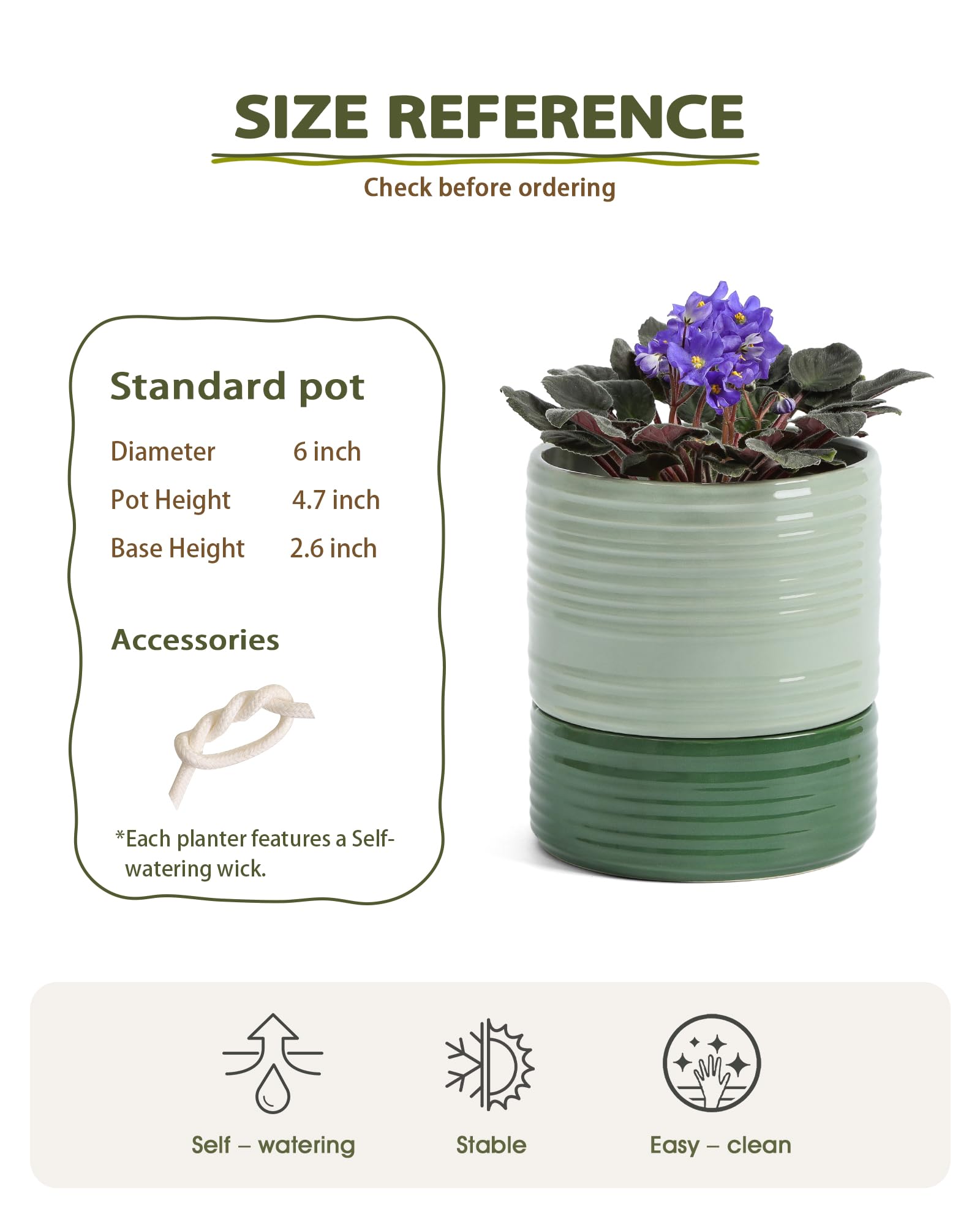 Fayoula dual reservoir ceramic planter maintains moisture with good air flow.