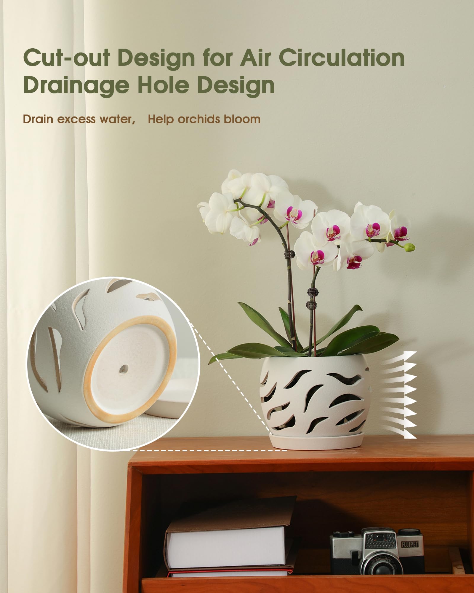 Fayoula orchid pot includes a matching tray to prevent runoff and mess.