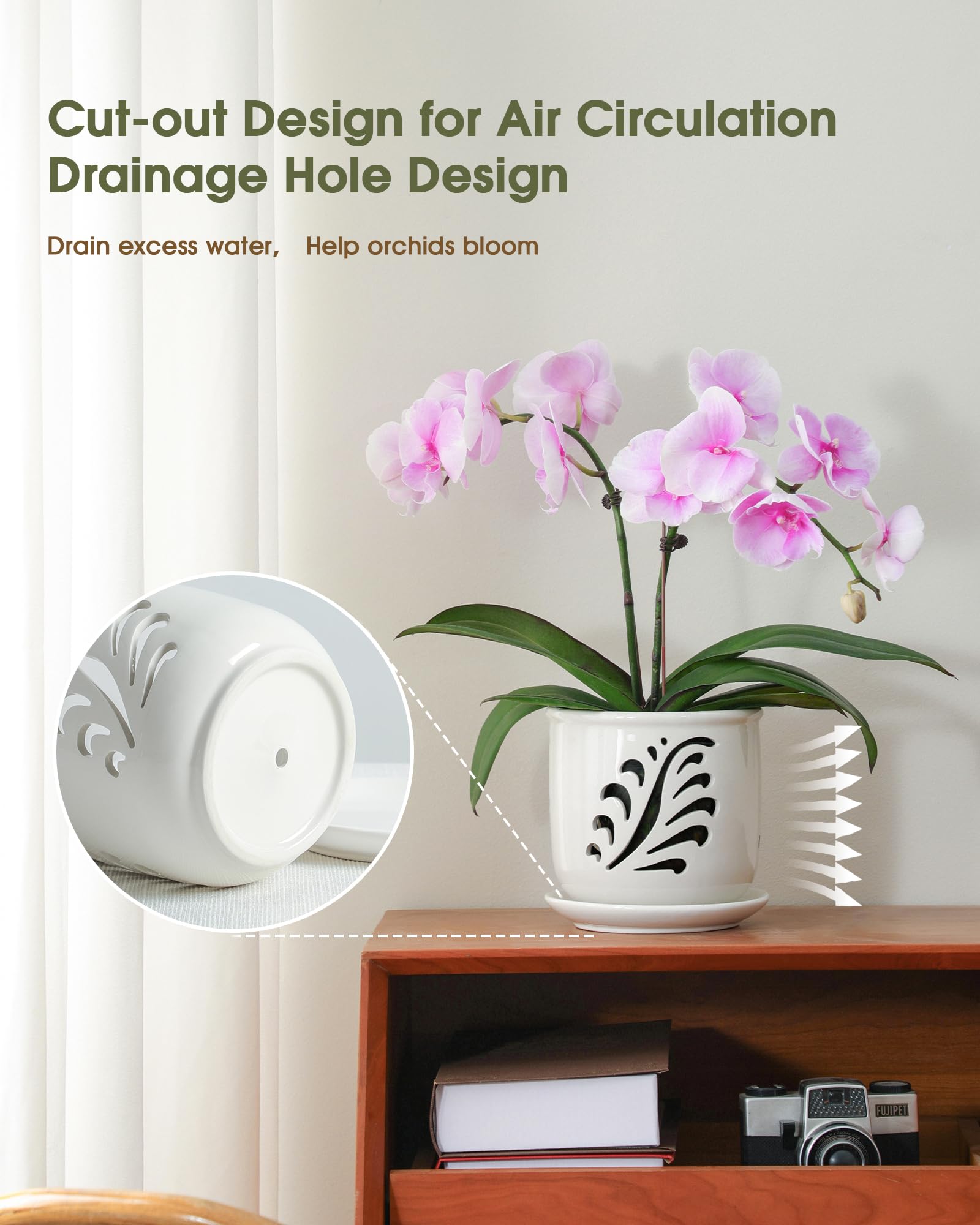 Fayoula white glaze orchid pot complements modern interiors.