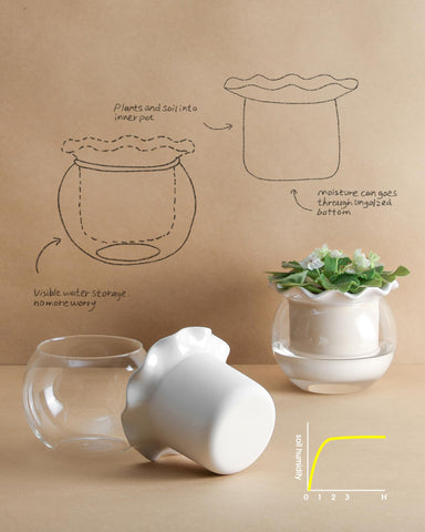 Fayoula self-watering pot with outer glass for clean, efficient watering.