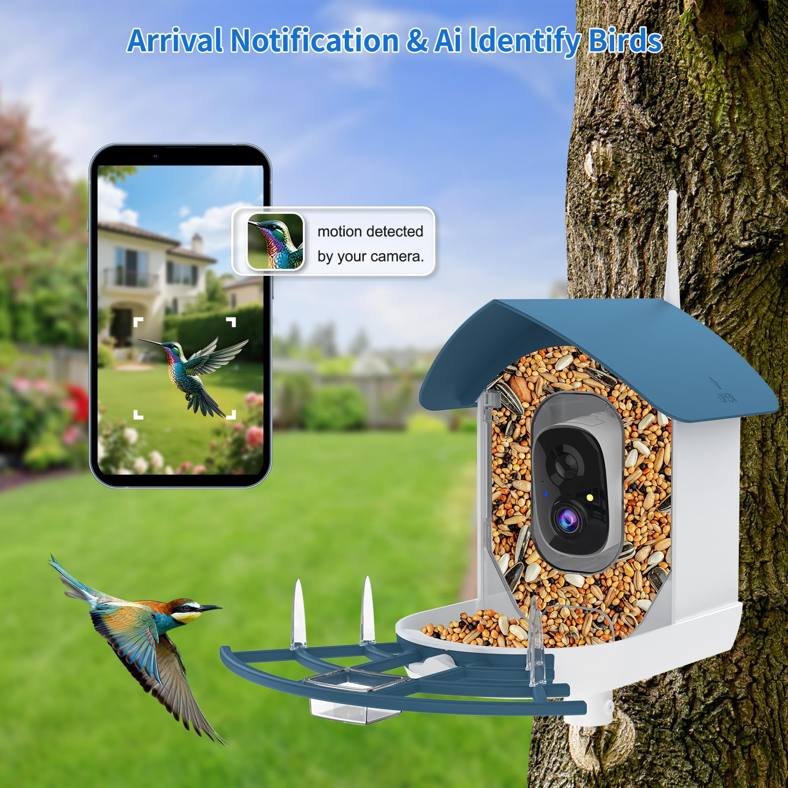 Fazoxo Bird Feeder Camera side view showcasing AI species ID for yard monitoring