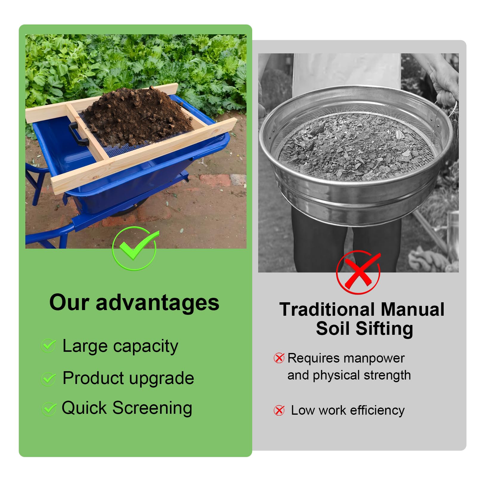 FBOJOY compost sifter refining compost into fine potting mix.