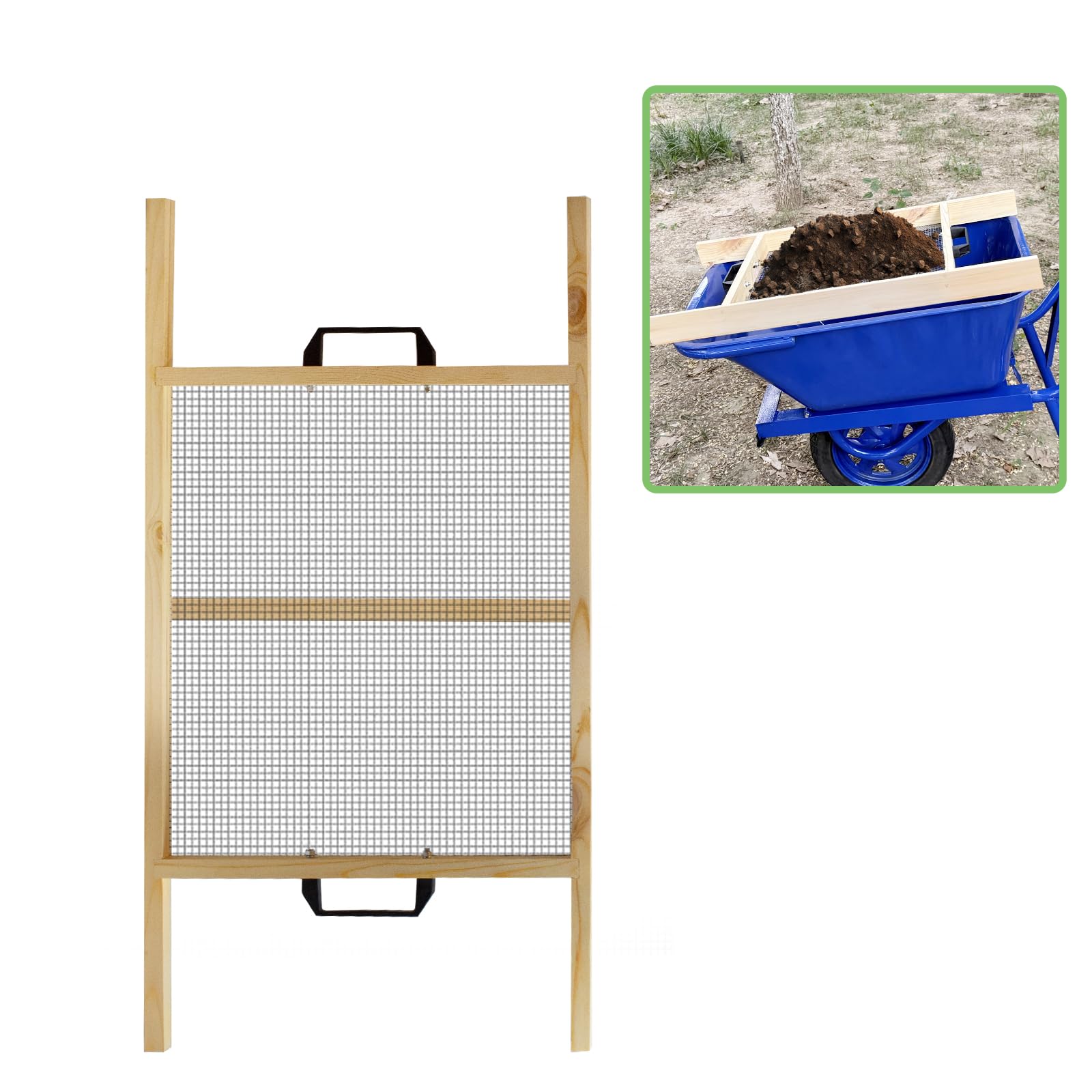 FBOJOY large soil sifter for quick screening beside a wheelbarrow.