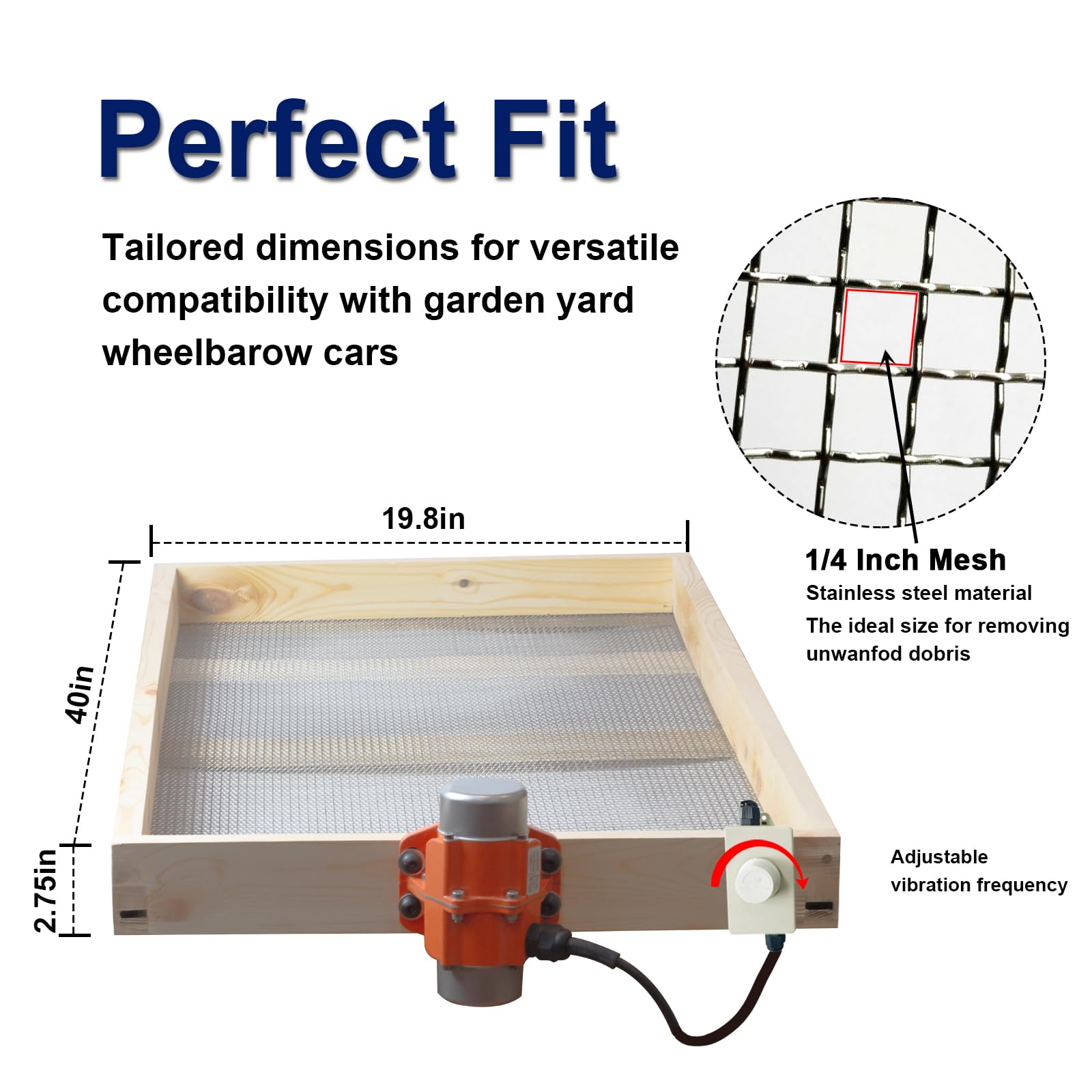 FBOJOY 40W motor dial close-up shows adjustable speed for gentle compost or fast gravel sieving.