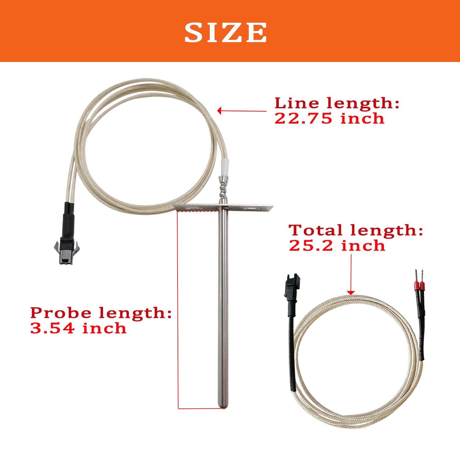 FCCUM RTD probe with 23-inch braided wire for flexible grilling setup.