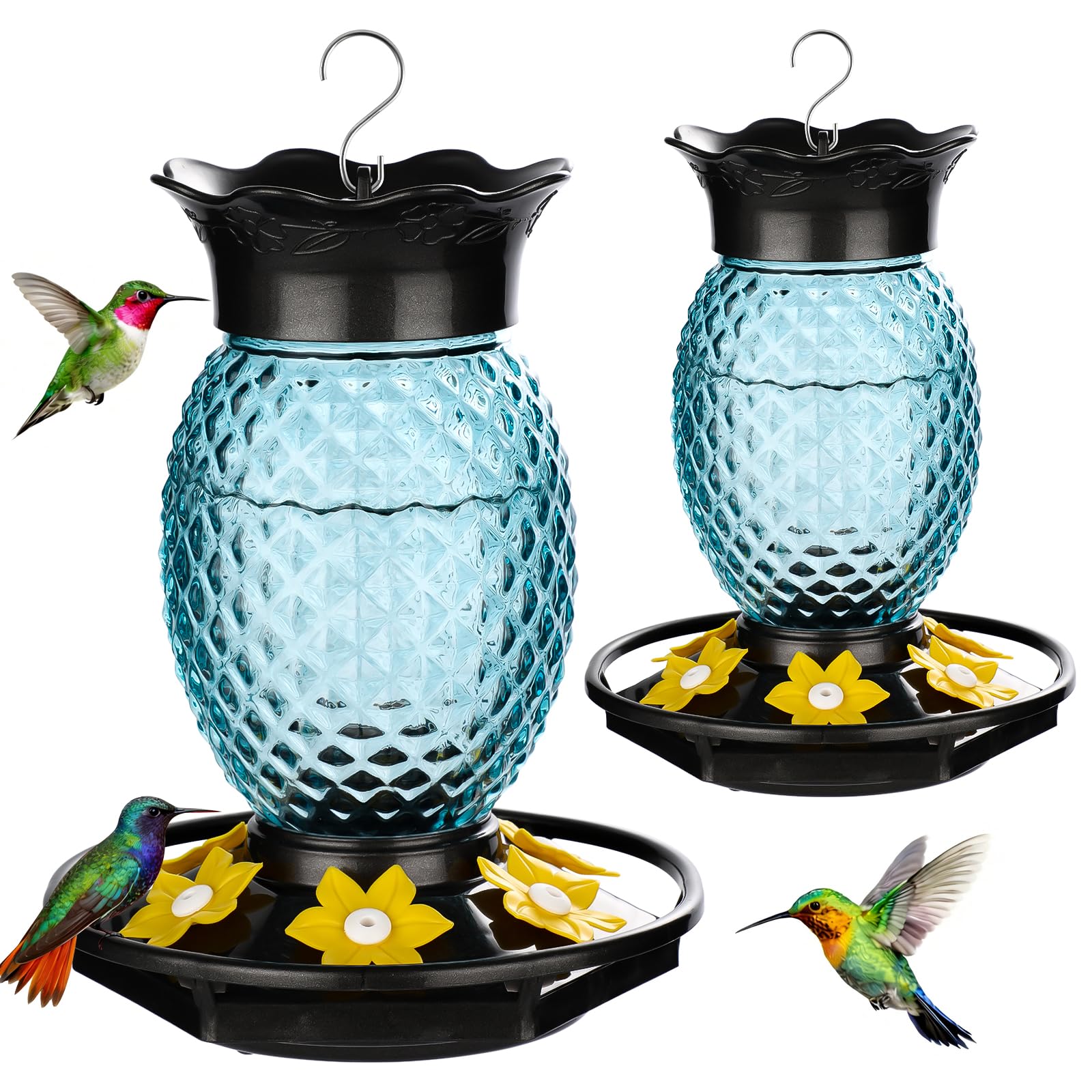 Fchstaer blue glass pineapple feeder with six ports attracts multiple hummingbirds outdoors