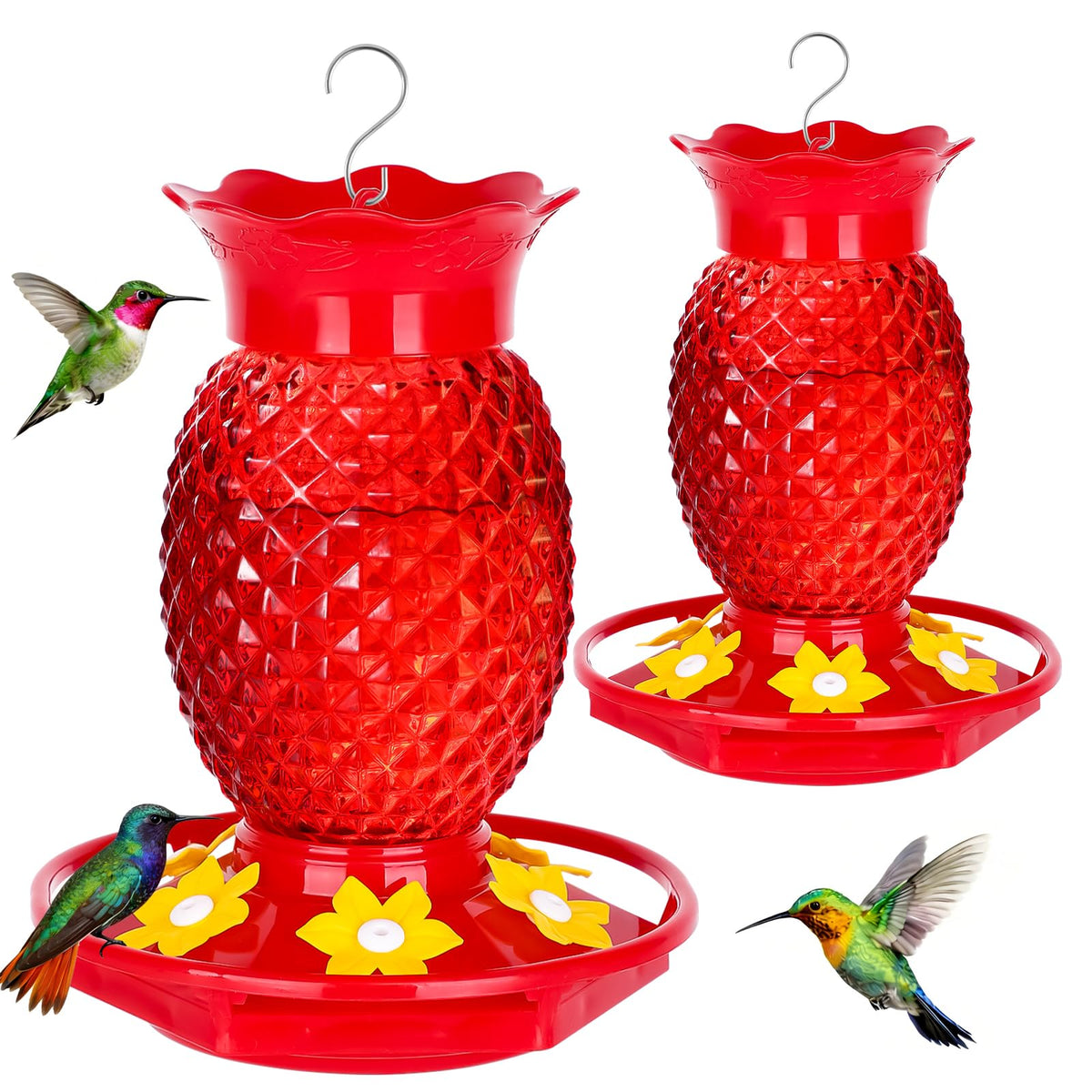 Fchstaer pineapple red glass hummingbird feeder with six ports attracts multiple hummingbirds