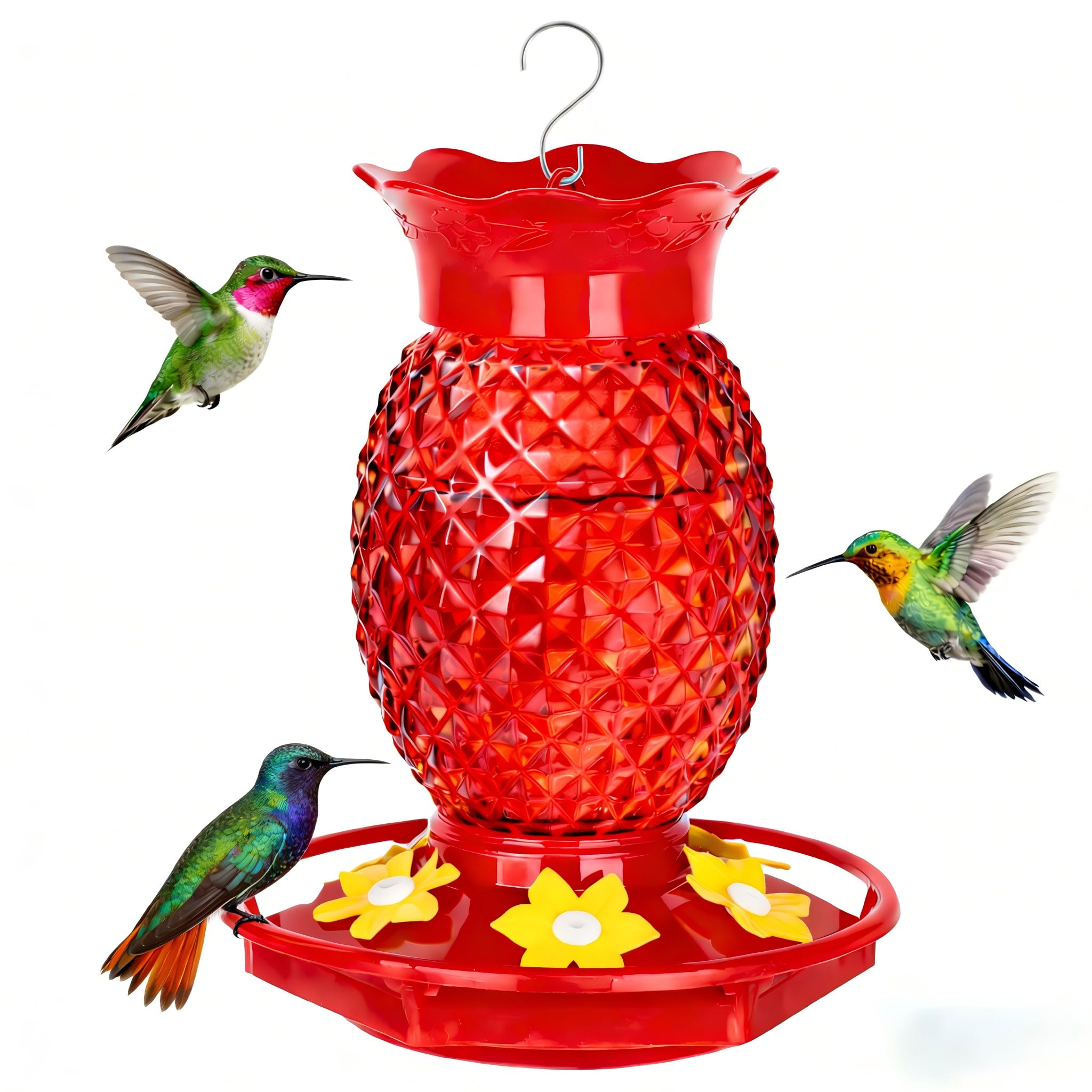 Fchstaer red glass pineapple hummingbird feeder with six feeding ports attracts hummingbirds.