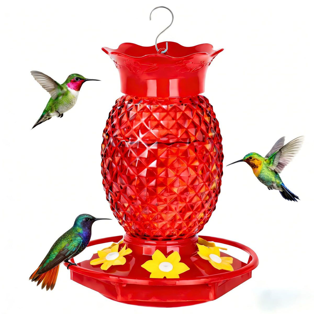 Fchstaer red glass pineapple hummingbird feeder with six feeding ports attracts hummingbirds.