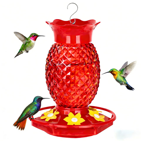 Fchstaer red glass pineapple hummingbird feeder with six feeding ports attracts hummingbirds.