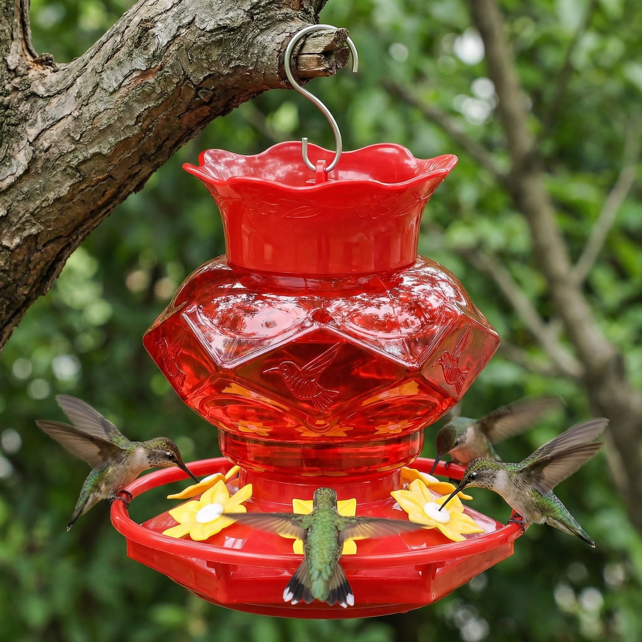 Fchstaer six port feeding ports enable multiple hummingbirds to feed at once