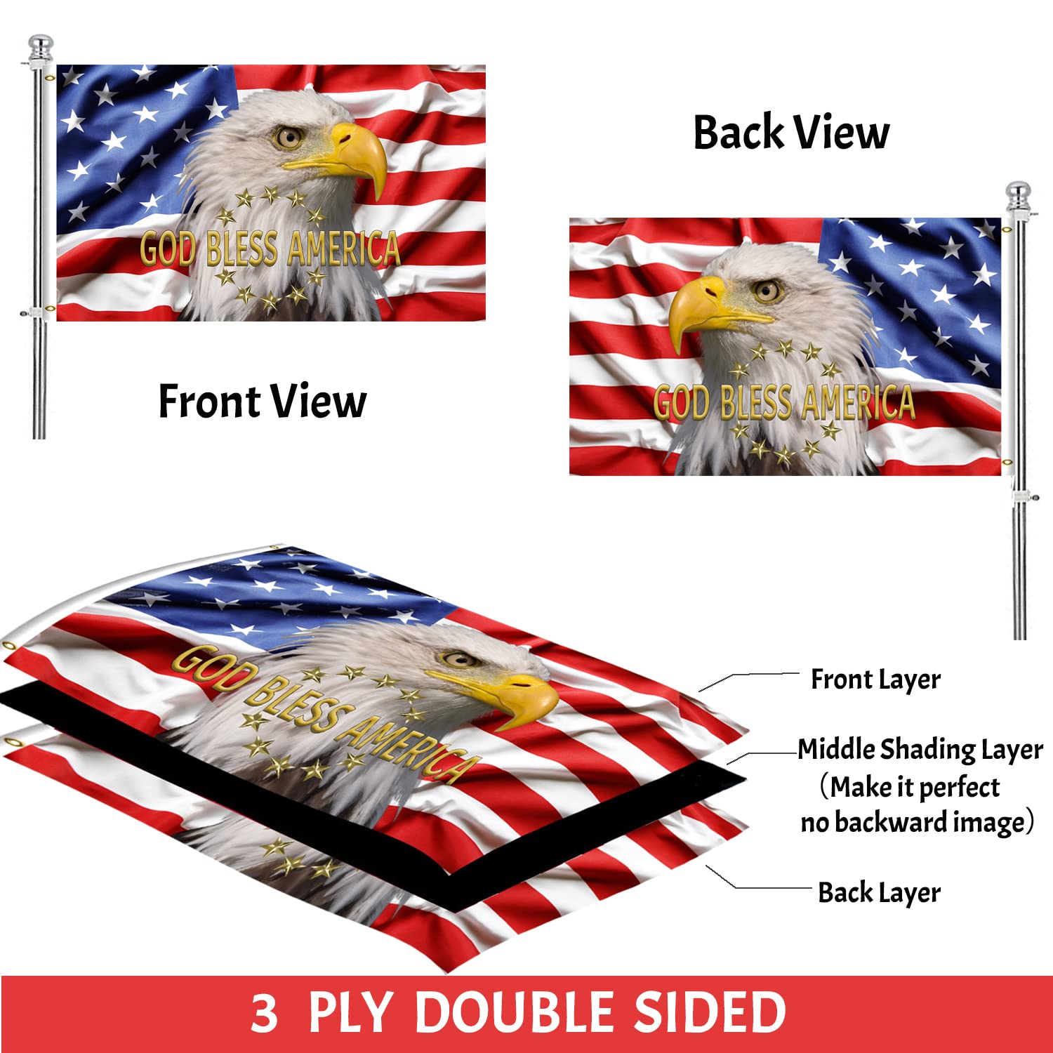 Fcllcox patriotic flag God Bless America design printed on both sides.