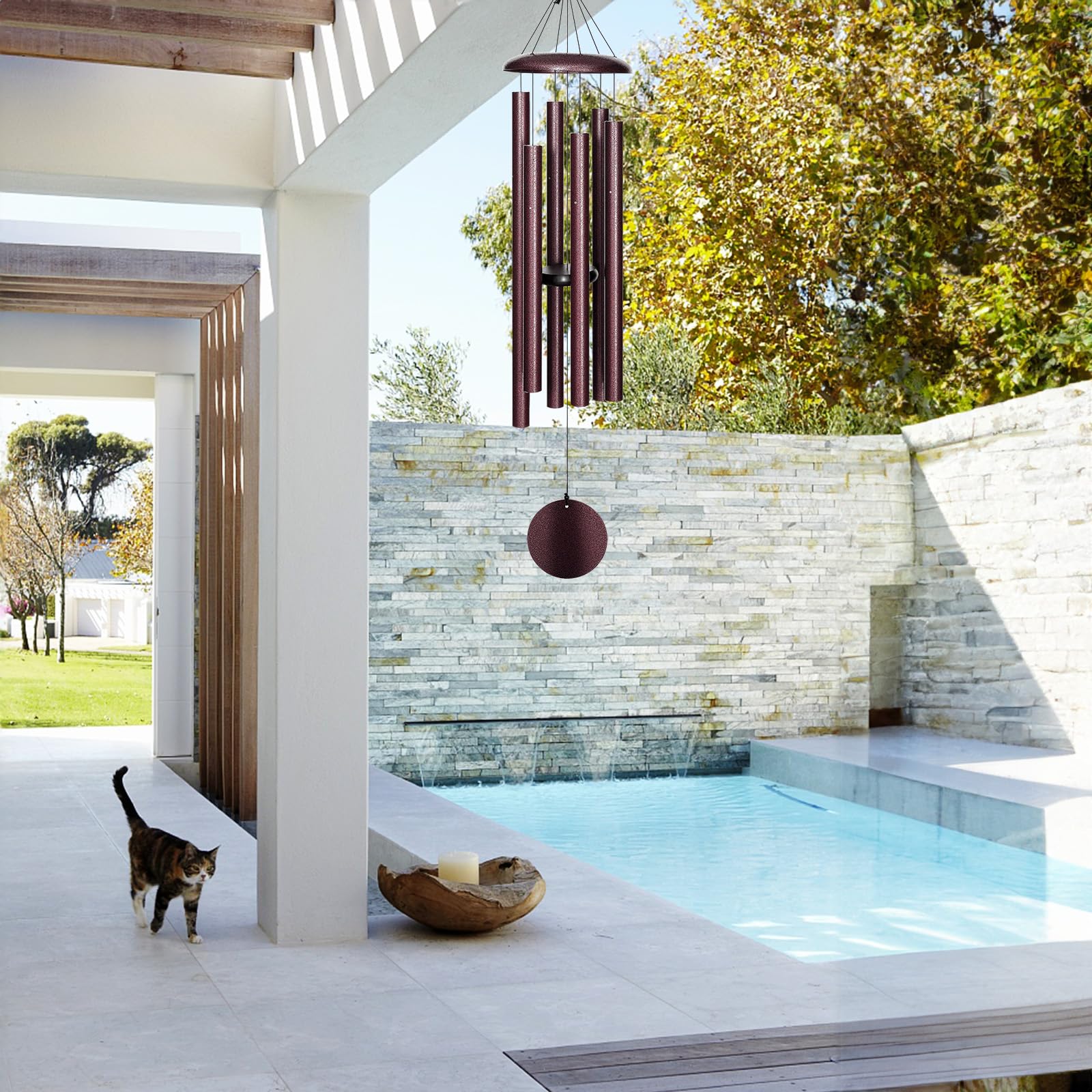 FDOCOI outdoor wind chimes on a patio offering calm, balanced sound.