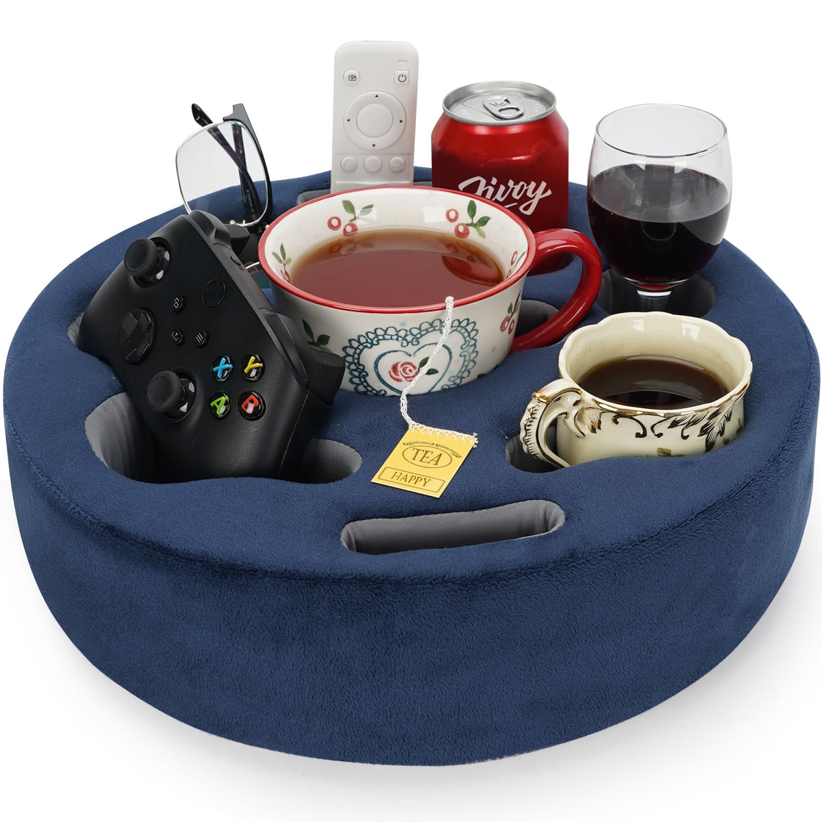 FDMGEL navy couch cup holder pillow top view with spill-prevention design