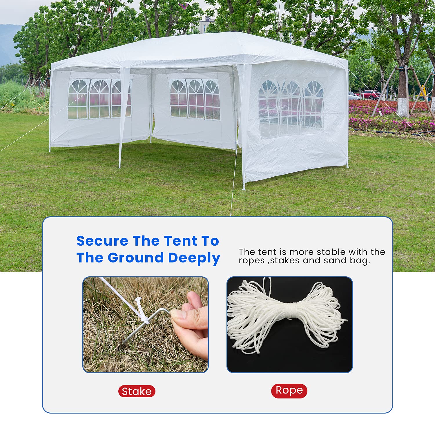 FDW stakes and ropes included for added stability during light winds.