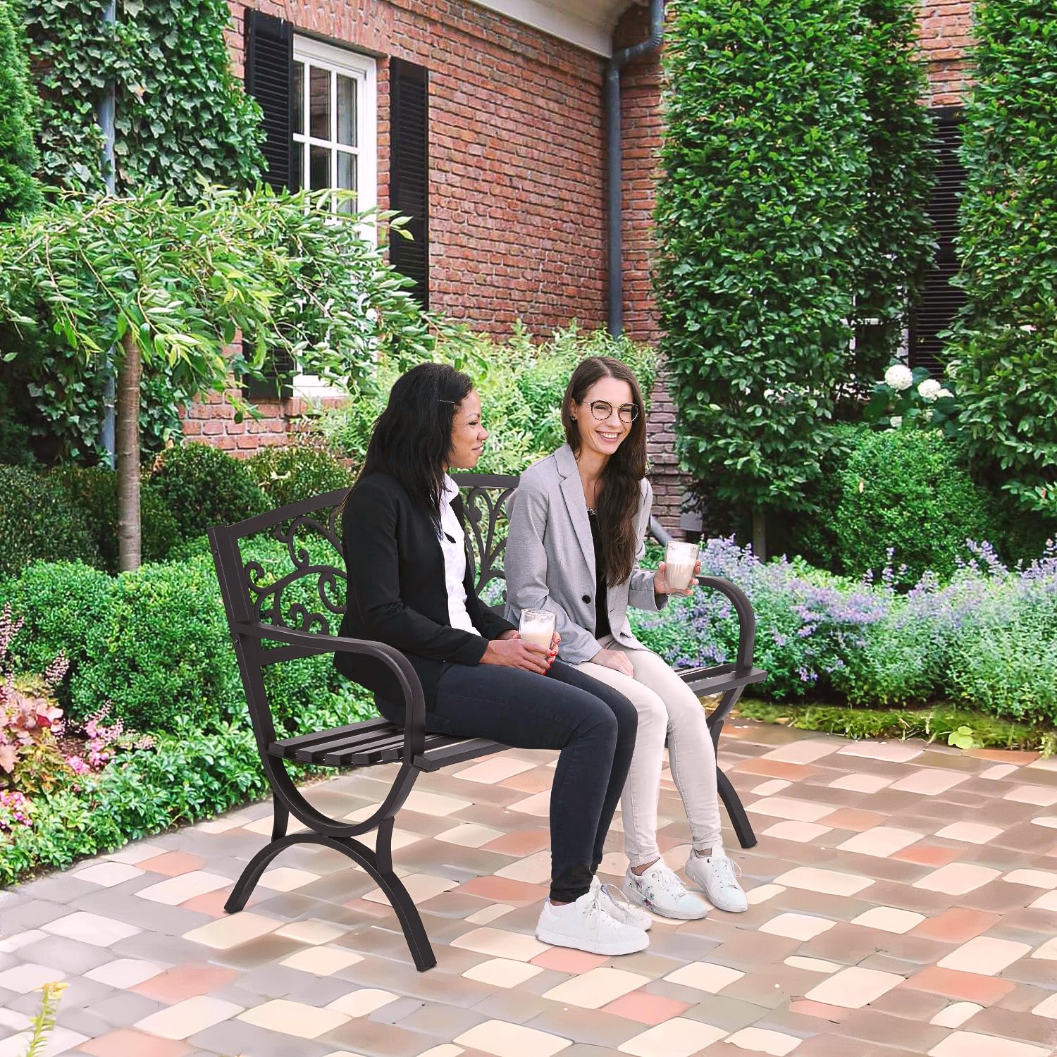FDW black powder-coated garden bench suitable for patios and balconies