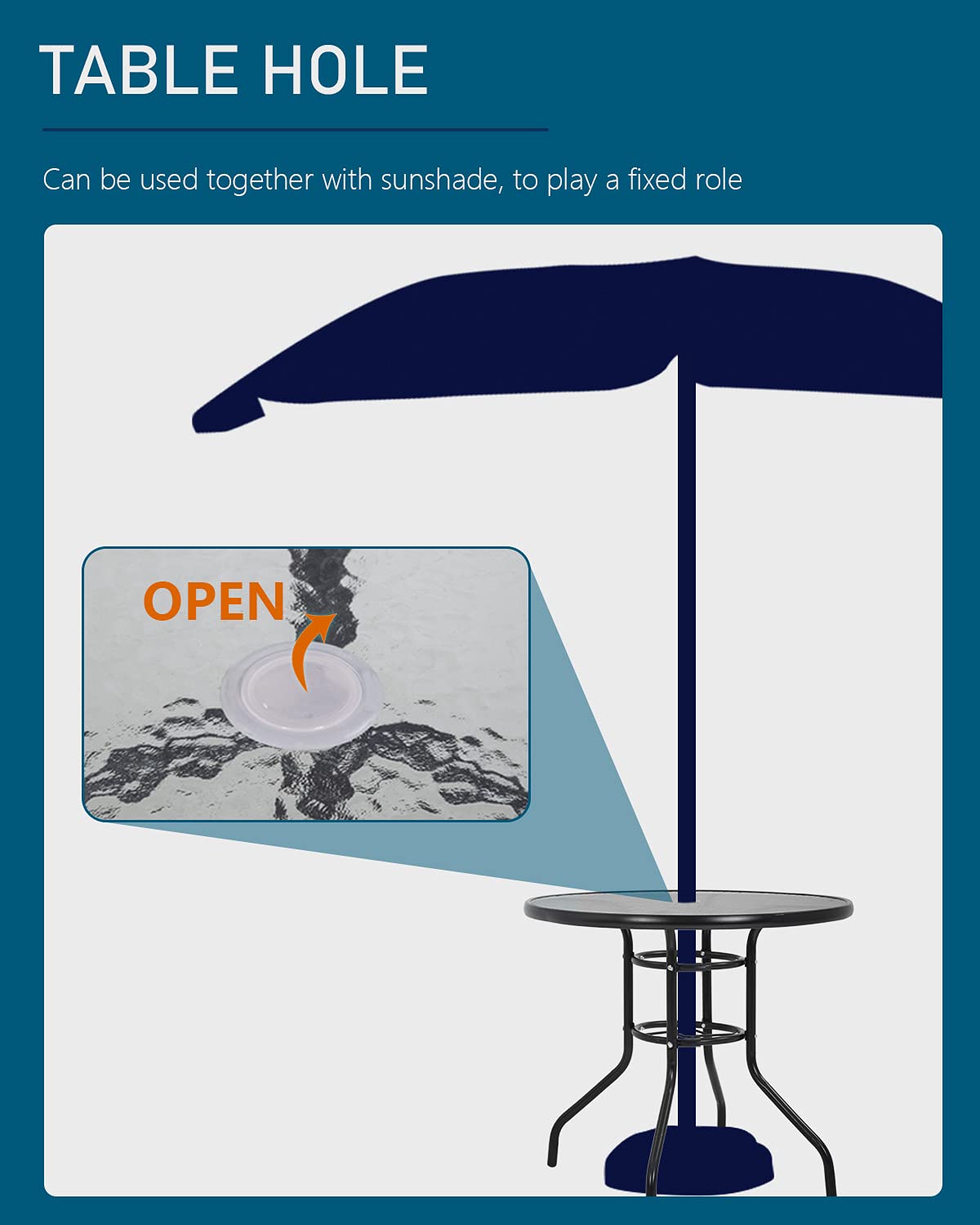 FDW dining table umbrella-hole design provides shade during meals.