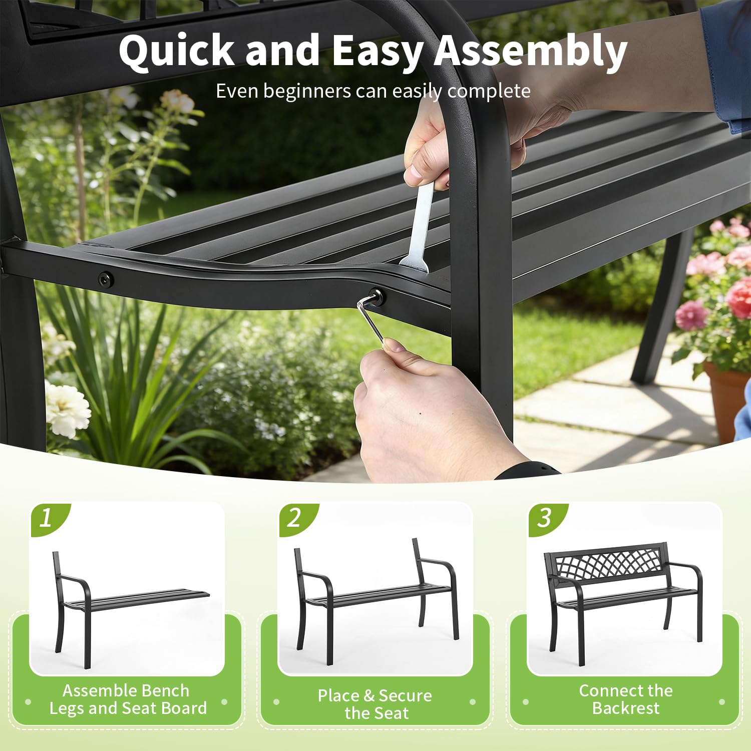 FDW garden bench assembly parts laid out for quick setup