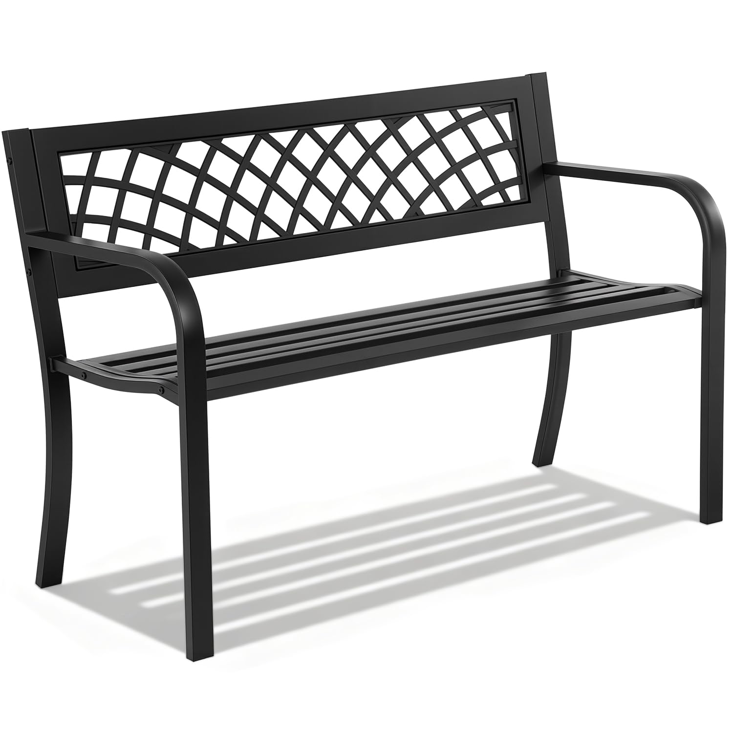 FDW garden bench front view highlighting sturdy iron frame and outdoor style