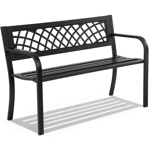 FDW garden bench front view highlighting sturdy iron frame and outdoor style