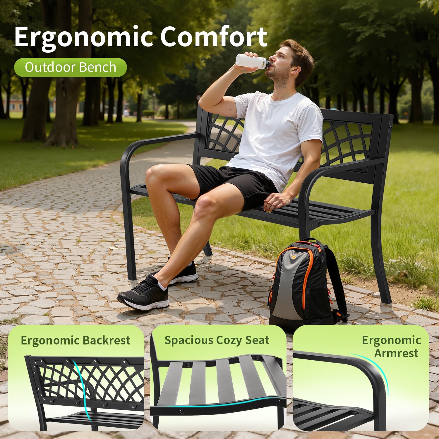 FDW garden bench side profile demonstrates compact footprint