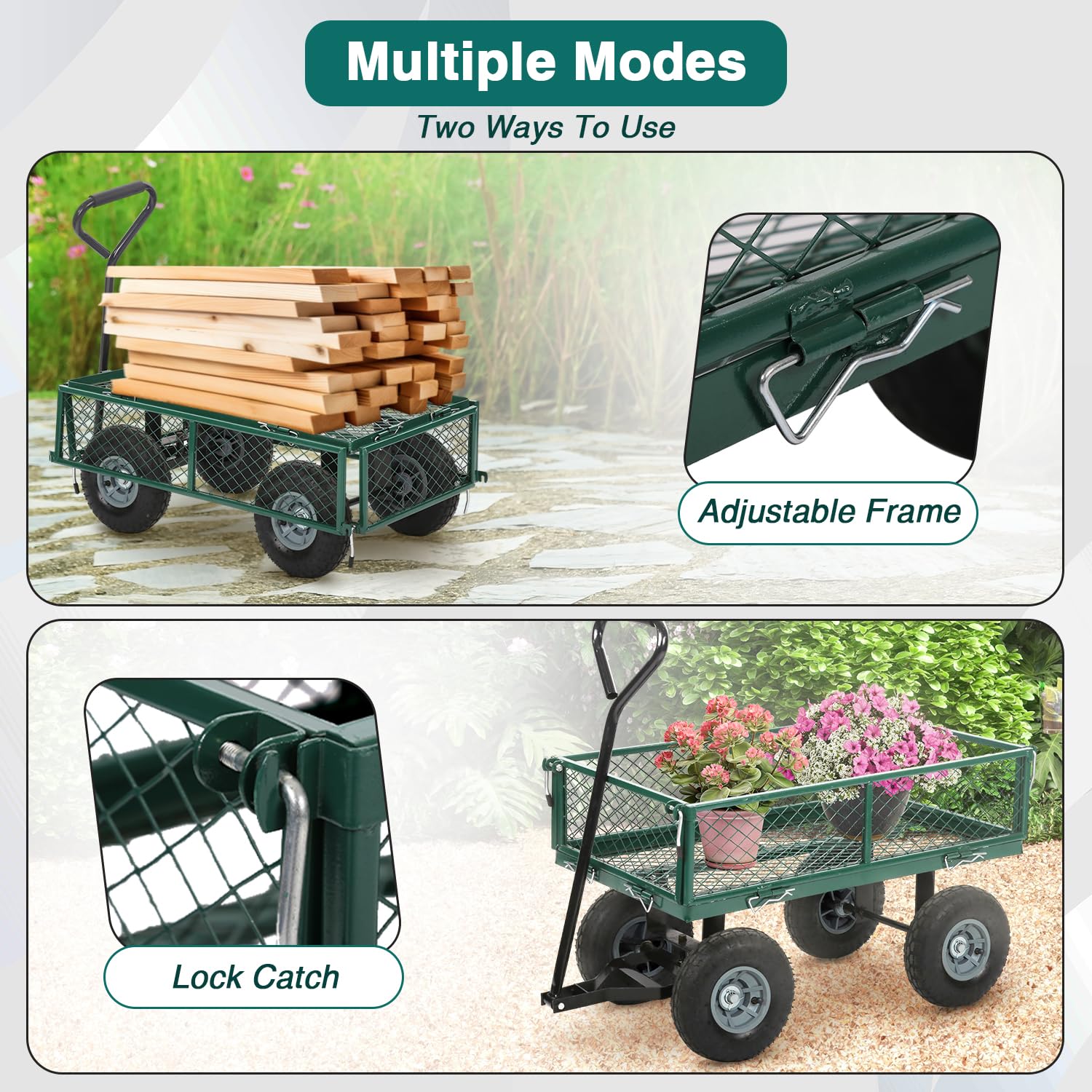 FDW Garden Cart Streel with dump function for quick unloading.