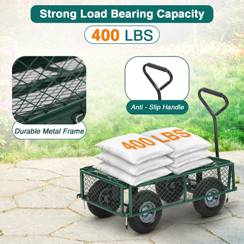 FDW Garden Cart Streel equipped with 10-inch pneumatic tires for tough terrain.
