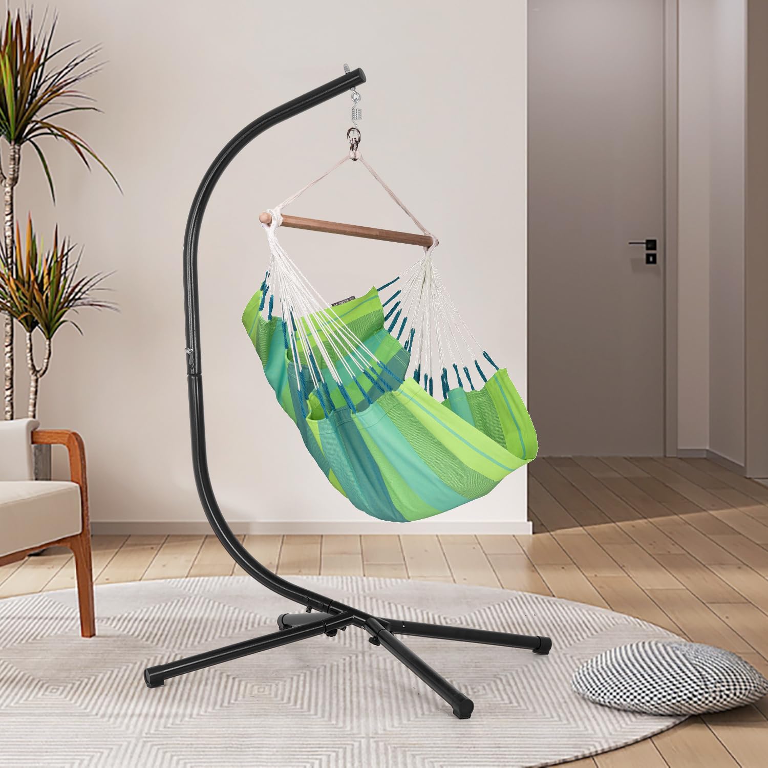 FDW Hammock Chair Stand shown in a garden for relaxing outdoor moments.