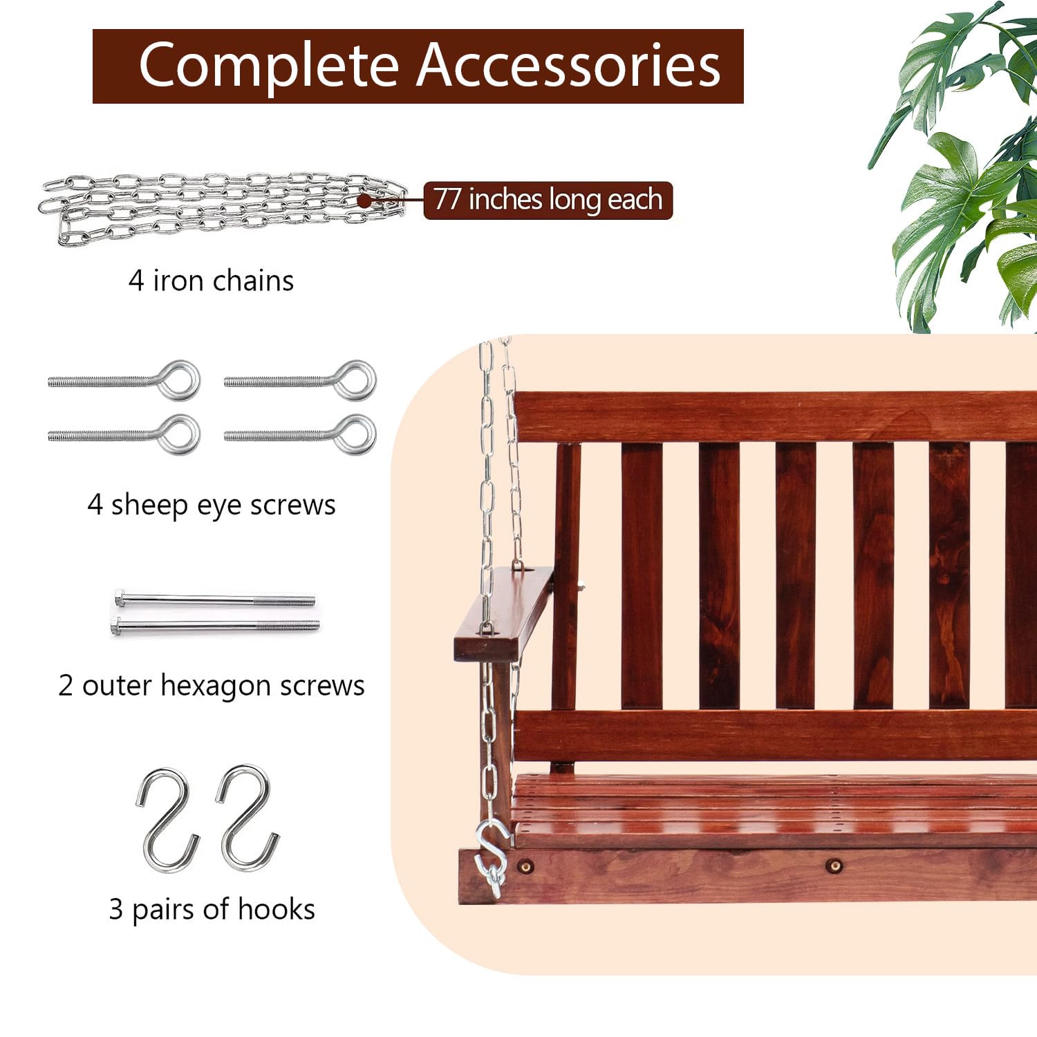 FDW porch swing adjustable chains enabling personalized height and tilt