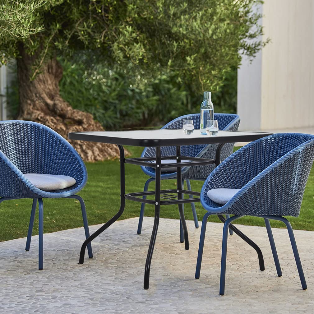 FDW patio table umbrella hole design enables shade while enjoying meals